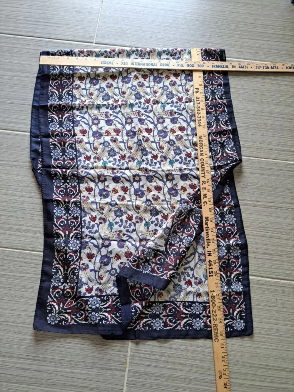 Vintage Çini Ipek Bursa Silk Scarf Floral Blue Maroon Multicolor Luxury Women's